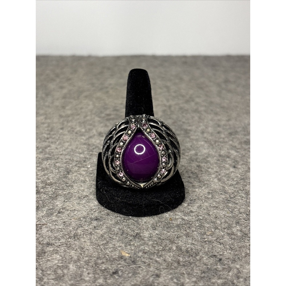 Purple Cabochon Stretch Ring Size 9 Rhinestone Silver Tone Statement Cocktail
